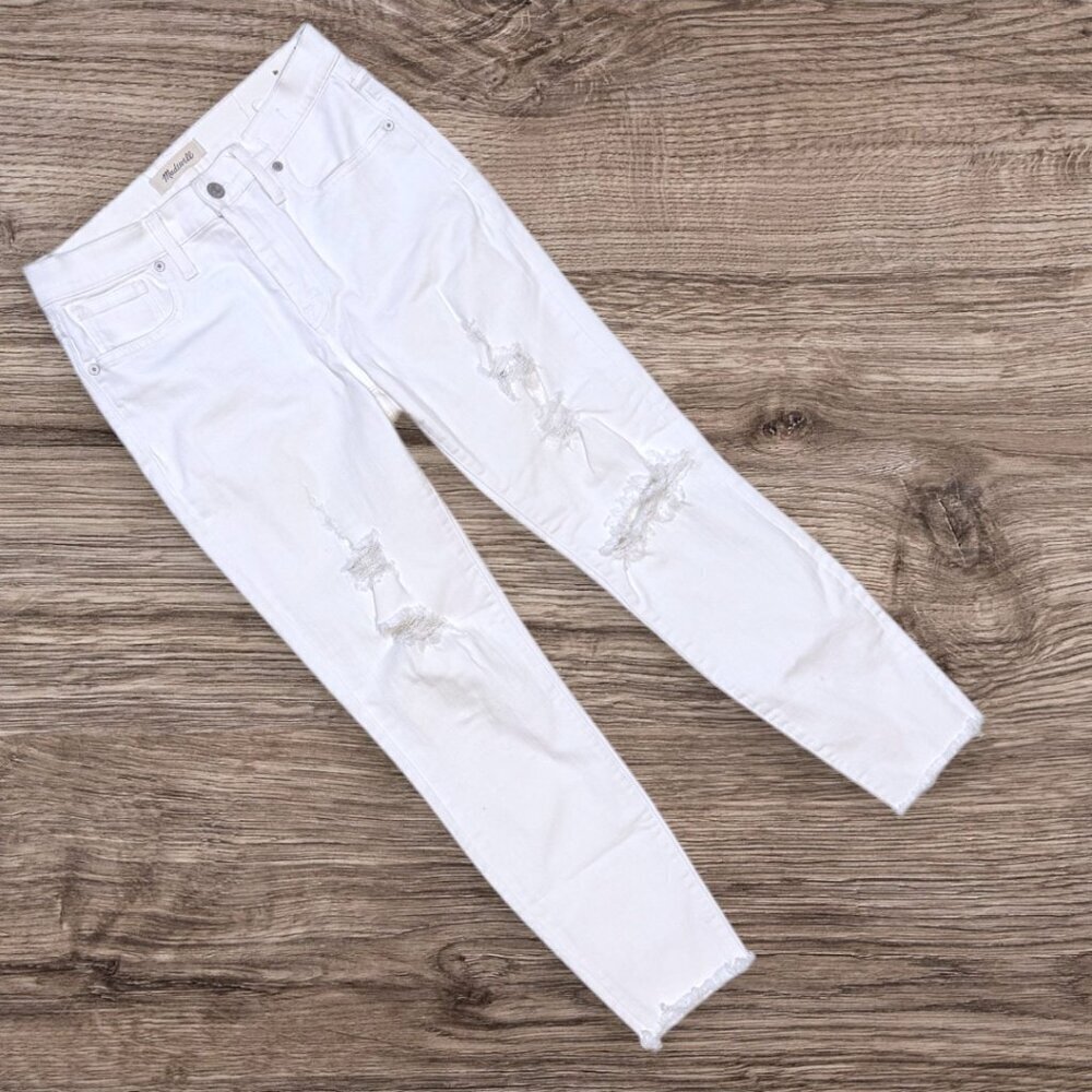 MADEWELL White 9" High-Rise Skinny Crop Ripped Destructed Stretch Denim Jeans